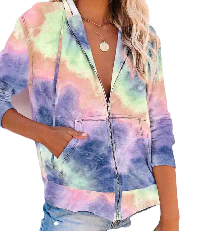 

Wholesale Fashion Women Tie-dye Pocket Zip Up Hoodie, Pictures show