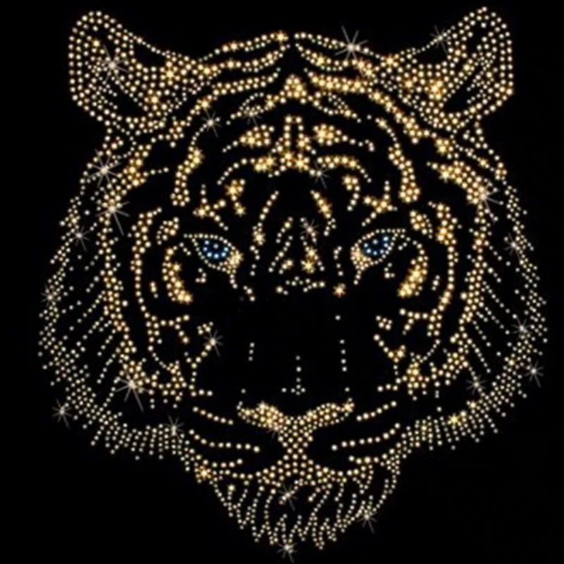 

Best Selling Cool Tiger Head In Big Size Image For You Rhinestone Iron On Transfer Motif In Golden Yellow with Capri Blue, As per customer request