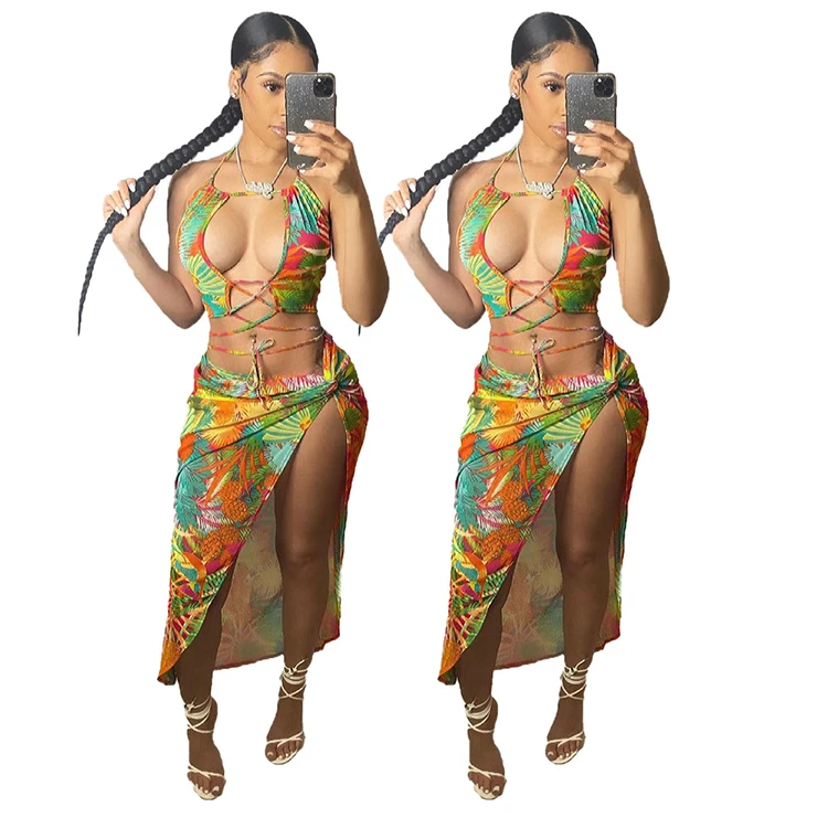 

LY8021 Printed Split Sexy Club Dresses Summer Two Piece Skirt Set Skirt For Womans