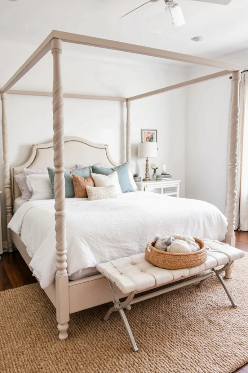 Cozy fall bedroom with plaid throw and autumn pillows