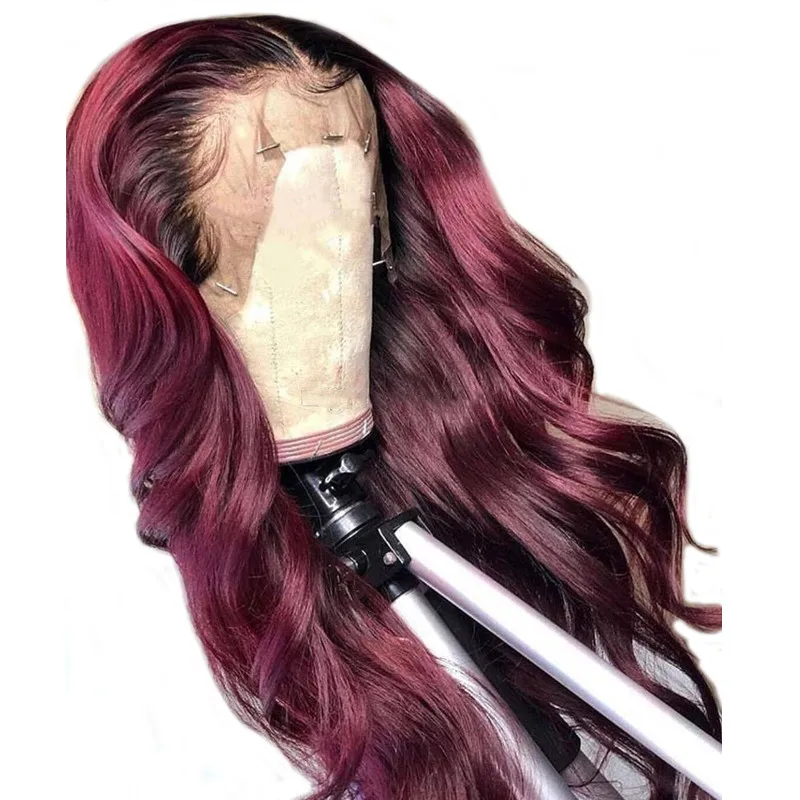 

1B 99j Body Wavy Lace Front Human Hair Wigs Ombre Burgundy Color Brazilian Remy Lace Frontal Wigs Pre-Plucked Natural Hairline