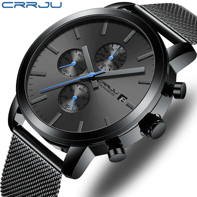 

Trend Brand Crrju Men Calendar Chronograph Quartz Watch Stainless Steel Waterproof Sports Clock Watches Black reloj hombre