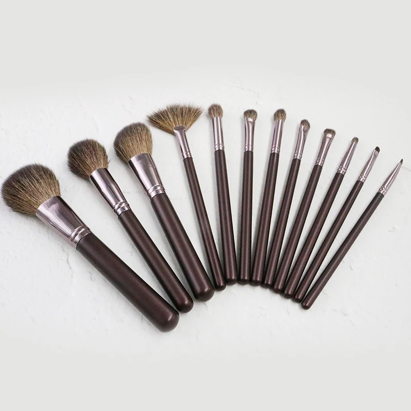 

12-piece brown makeup brush set eye shadow liquid foundation liquid eyeliner lip lady makeup tools Goat Hair Make Up Brush Set