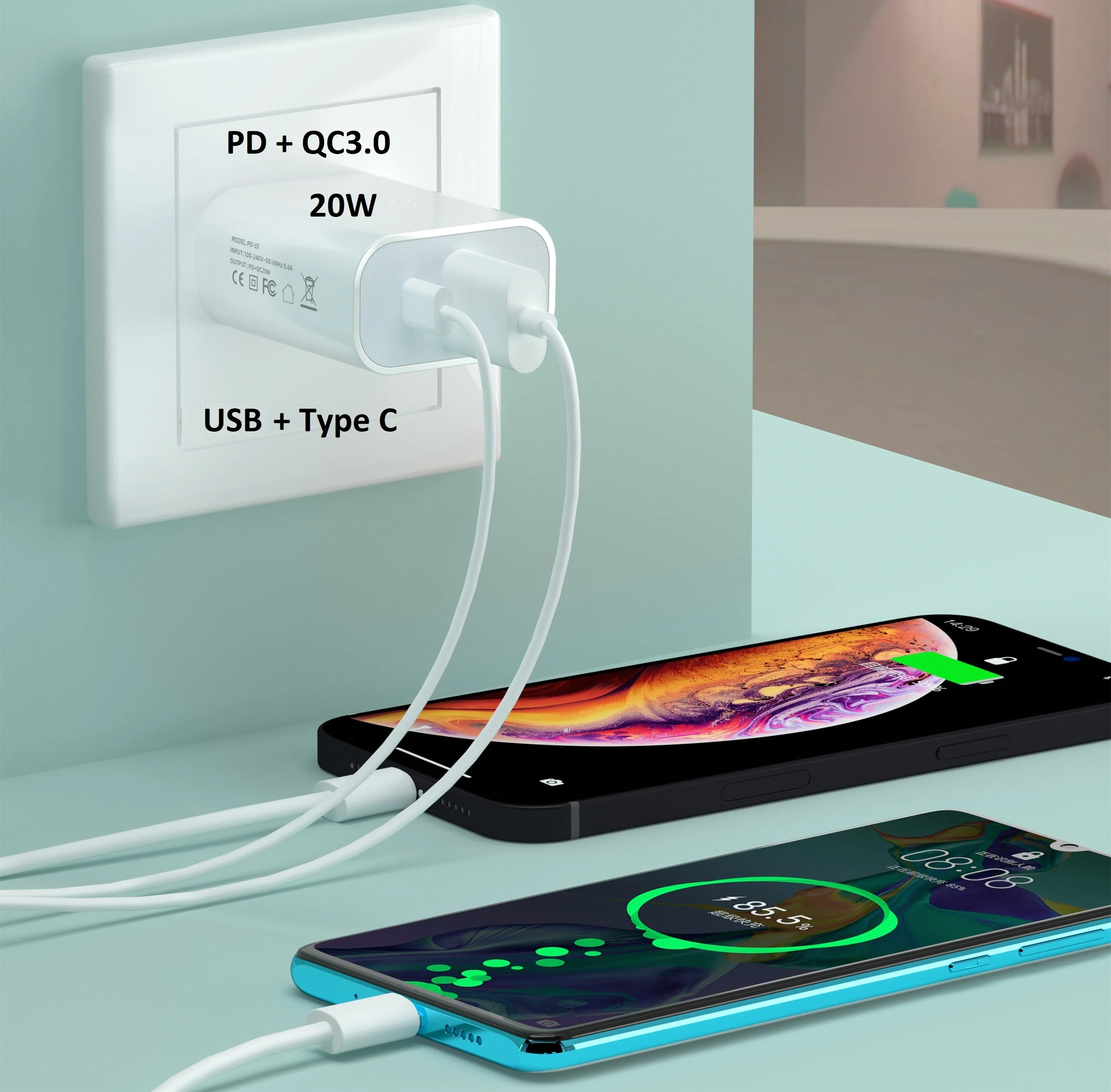 

Type C USB C QC3.0 20W Fast Charging Adapter PD Mobile Phone Charger Wall USB Mobile Fast Portable Phone Charger, Black, white
