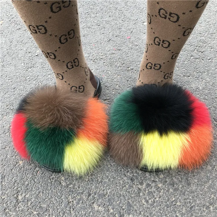 

Fur Slide Vendor New Slippers Fox Fur Slippers Customize Logo, Customized color