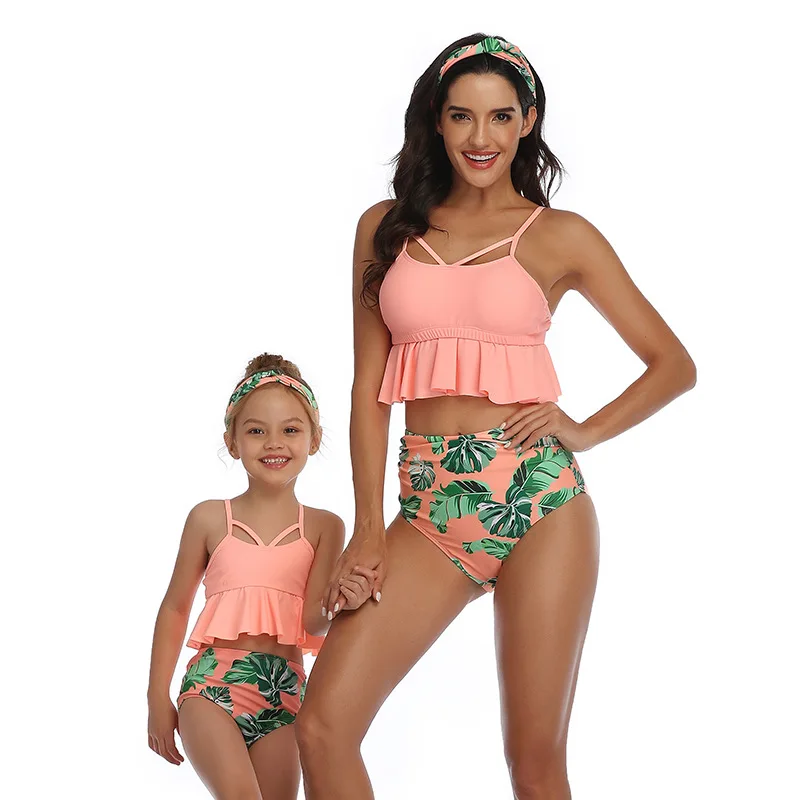 

2021 Hot Selling Mommy and Me Swimsuits Family Matching Swimwear Girls Bathing Suit Two Piece Ruffle Bikini Set Floral Print