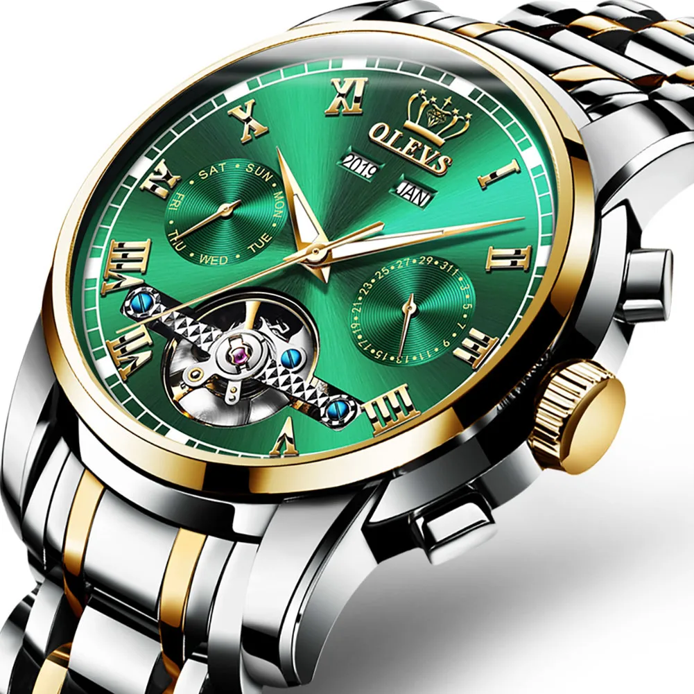 

OLEVS Mechanical Men Watches Automatic Stainless Steel Waterproof Date Week Green Fashion Classic Wrist Watches 6607