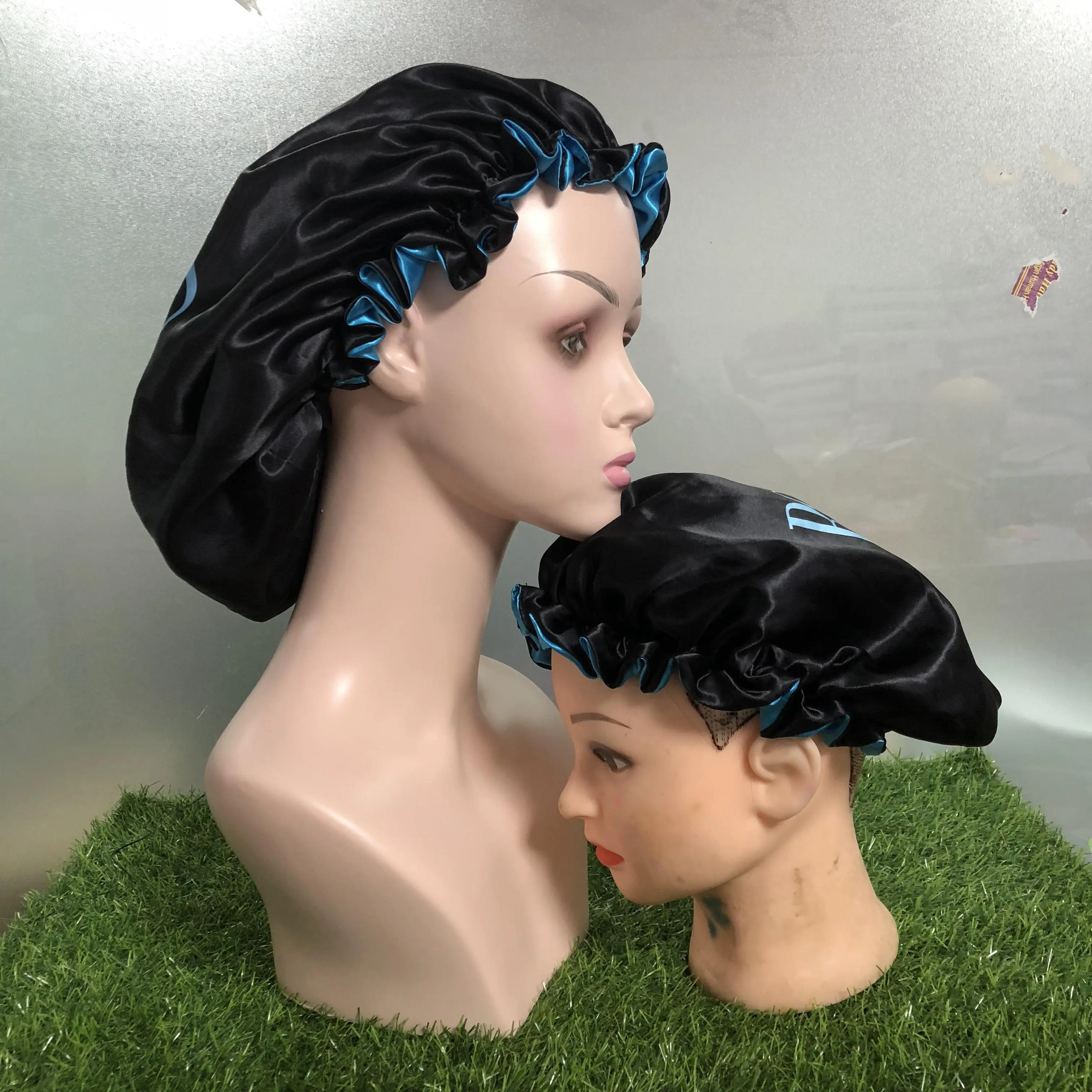 

Wholesale custom logo satin hair bonnet with logo women and children double layer cute bonnets
