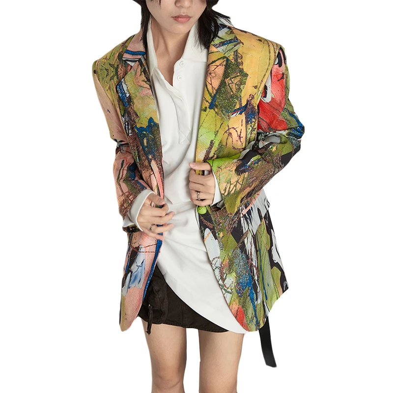 TWOTWINSTYLE Vintage Hit Color Loose Print High Waist Notched Collar Long Sleeve Women's Blazer
