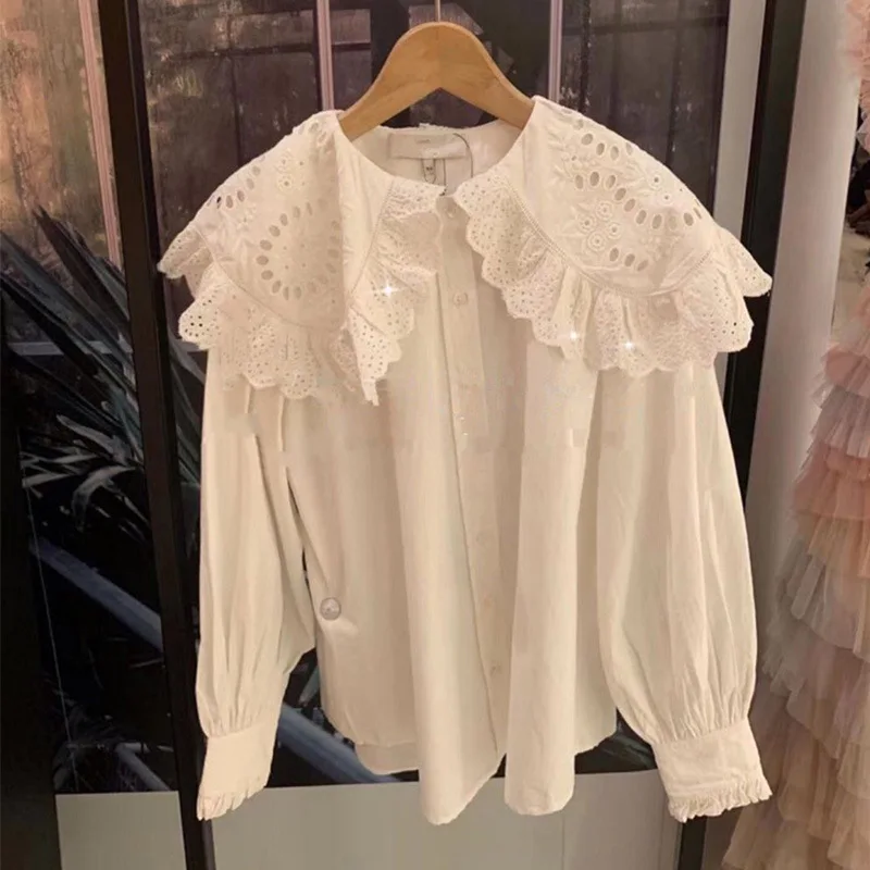 

spring new turndown collar lace stitching temperament long sleeve women's blouse