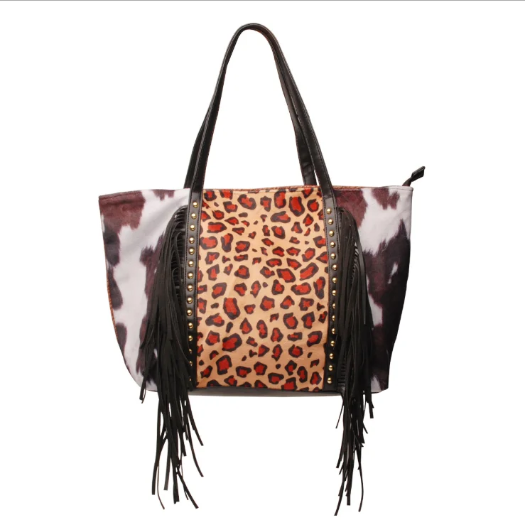 

2021 Leopard Cow Print Sunflower Fringe Rivet Tote Handbags, 5 colors