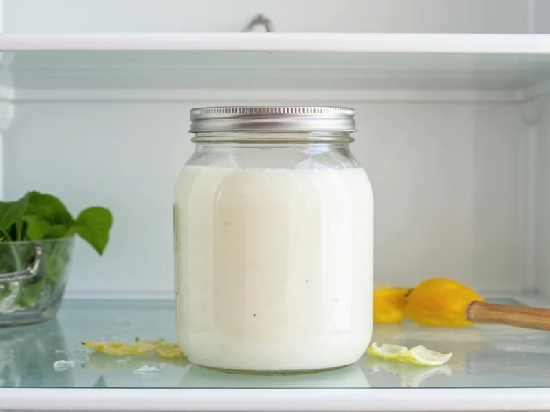 Mason jar of homemade buttermilk stored in refrigerator