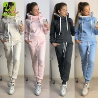 

Custom Logo 2 Piece Set Blank Solid Pink Long Sleeve hoodies and Jogger Wear Suit Sweatsuit Tracksuit Set For Women