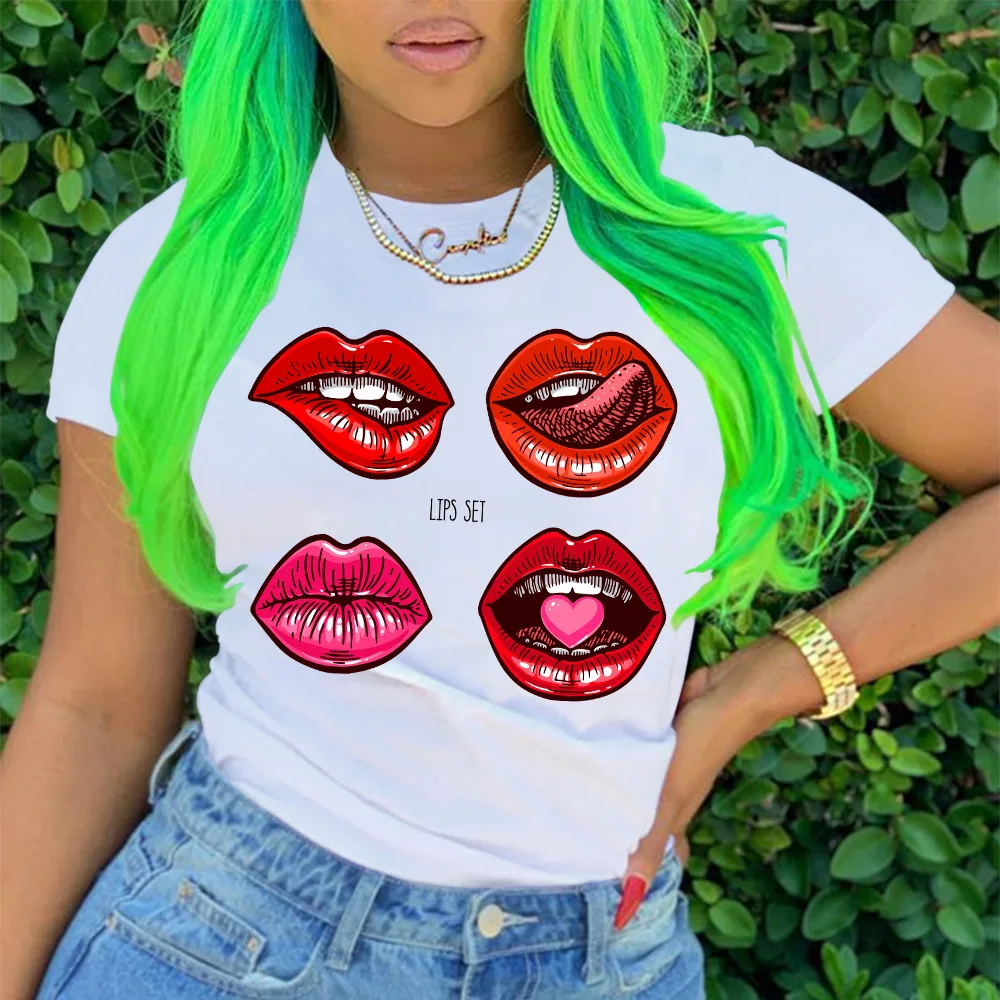 

lips sexy tshirts for women clothing ladies t shirt summer o-neck short sleeves clothes tops cotton tees clothes