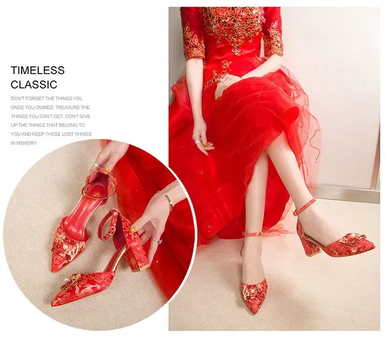 

Chinese bridal shoes red traditional Oriental Chinatown wedding shoes high heel pump shoes