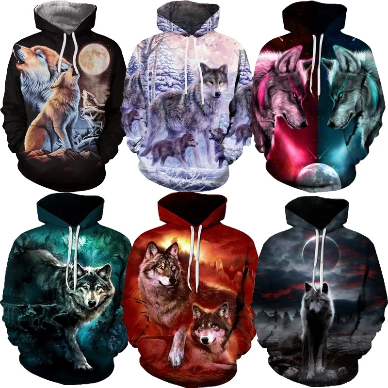 

free sample hoodies Wholesale Mens Unisex Harajuku Realistic Cool 3D Wolf Print Pullover Hoodie Casual Sweatshirt Sweater, Customized color
