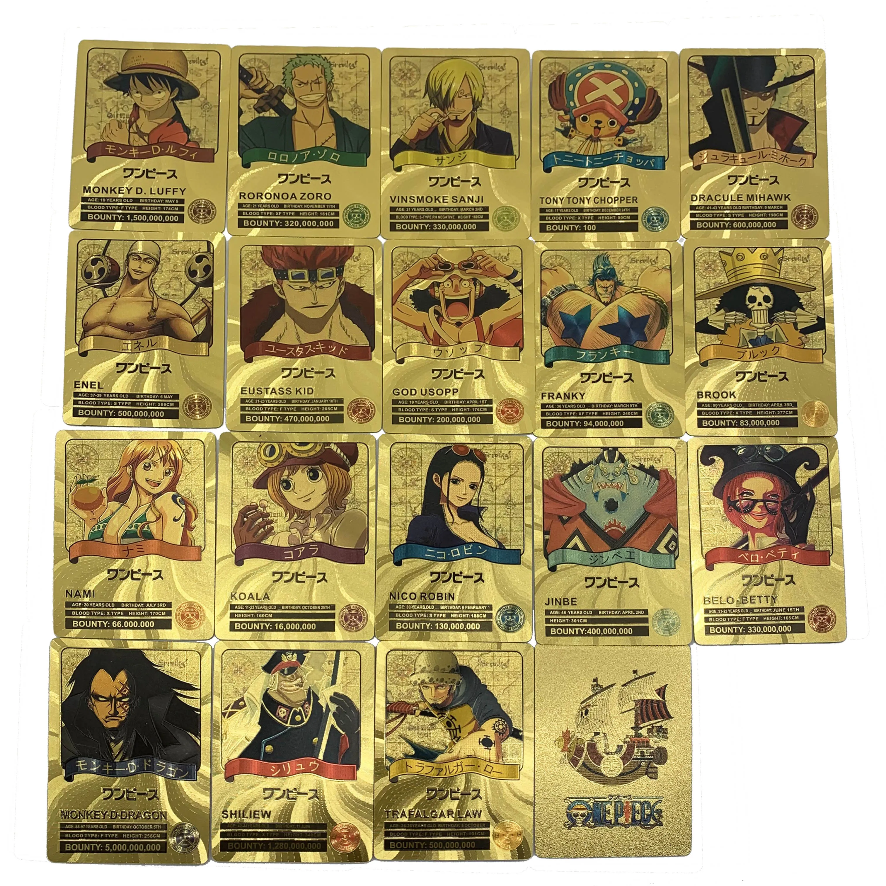 

18 models Japanese Anime One Piece Gold Foil plastic cards Monkey D Luffy Sanji Nico Robin Nami Sabo Shanks Colored WANTED cards