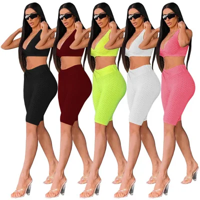 

Custom Ladies Solid Color Jacquard Tank Top Outfit short pants two piece Set Women Yoga Vest Jogger Short Set