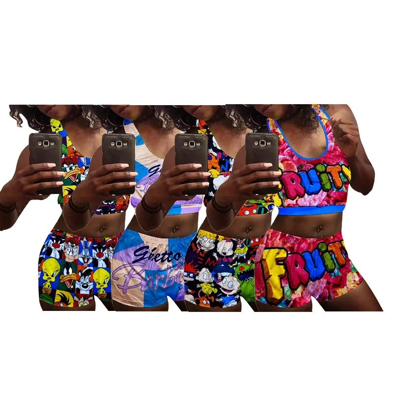 

Hot Sale Fashion Summer Short Printed Sprot Wear Jogger 2 Priece Set Women