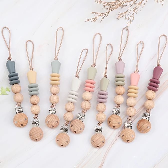 

Eco-Friendly Baby Silicone Wooden Bead Dummy Pacifier Chain Love Mother Baby Pacifier Chain Prevention, Multi color