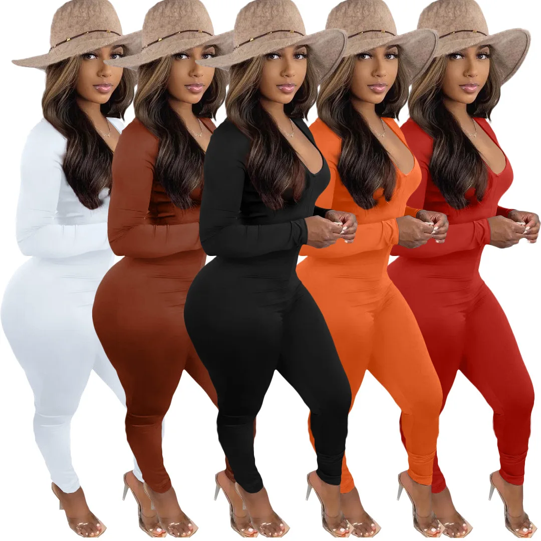 

High Waist Knitted V Neck Sport Jumpsuit Fashion Long Sleeve Backless Drawstring Pleated Women Sexy Bodysuit, Picture color