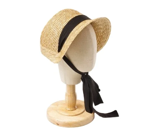 

2021 Black Ribbon Lolita Vintage Style Bucket Straw Hat Manufacturer Custom Summer Beach Wholesale Adorable Kids Straw Hats