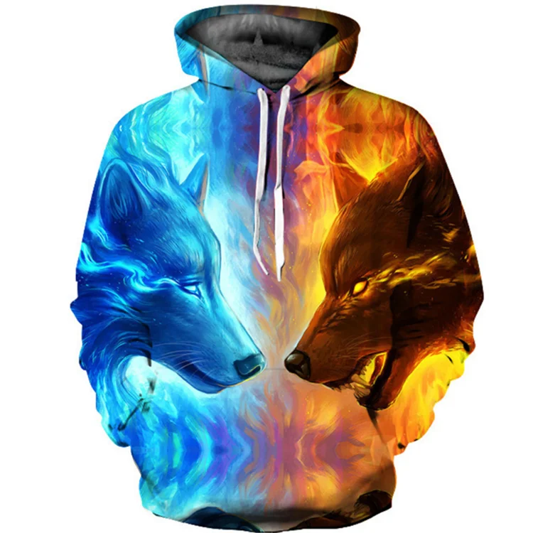 

Wild hot ice double wolf head 3D sublimation printing spring and autumn models hooded sweater, Custom color