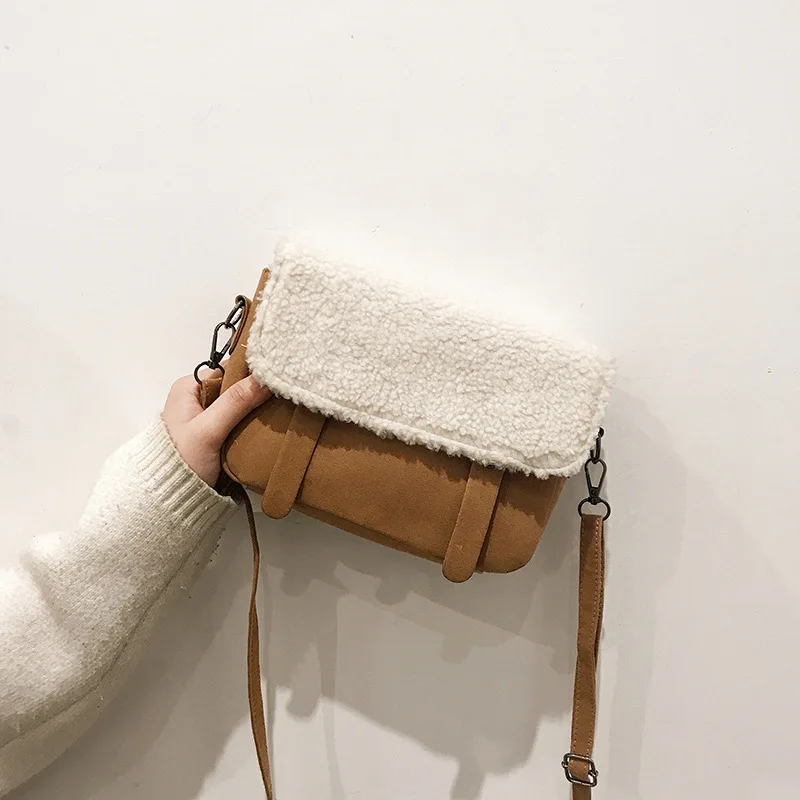 

New suede women's bag lamb plush bag fashion Joker single shoulder diagonal small square bag, Khaki, black, brown