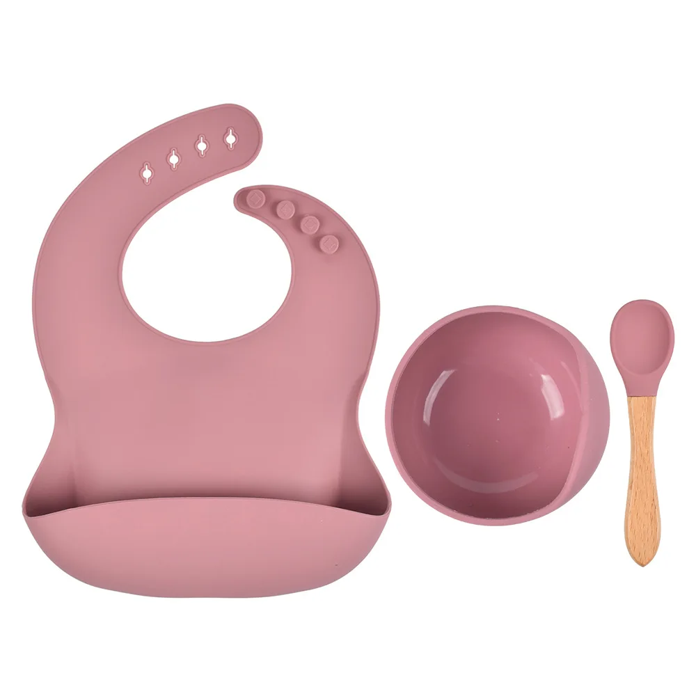 

BPA Free Infant Nursing Suction Silicone Baby Feeding Set Silicone Bowl Spoon And Bibs Set, Natural wood