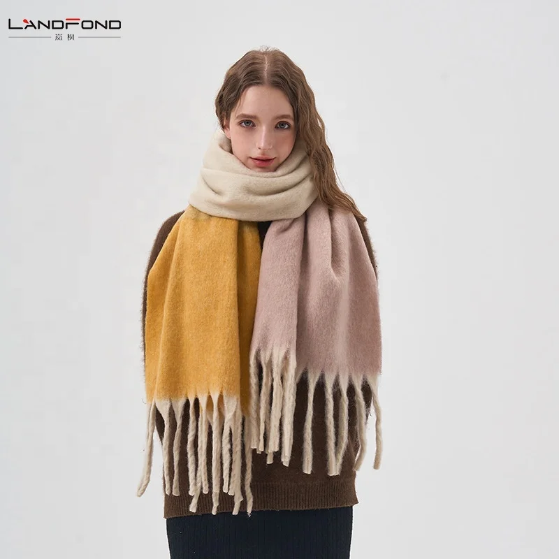 Landfond Accessory Winter Warm Looped Yarn Gradient Color Scarf Coarse Striped Fringe Soft Scarf