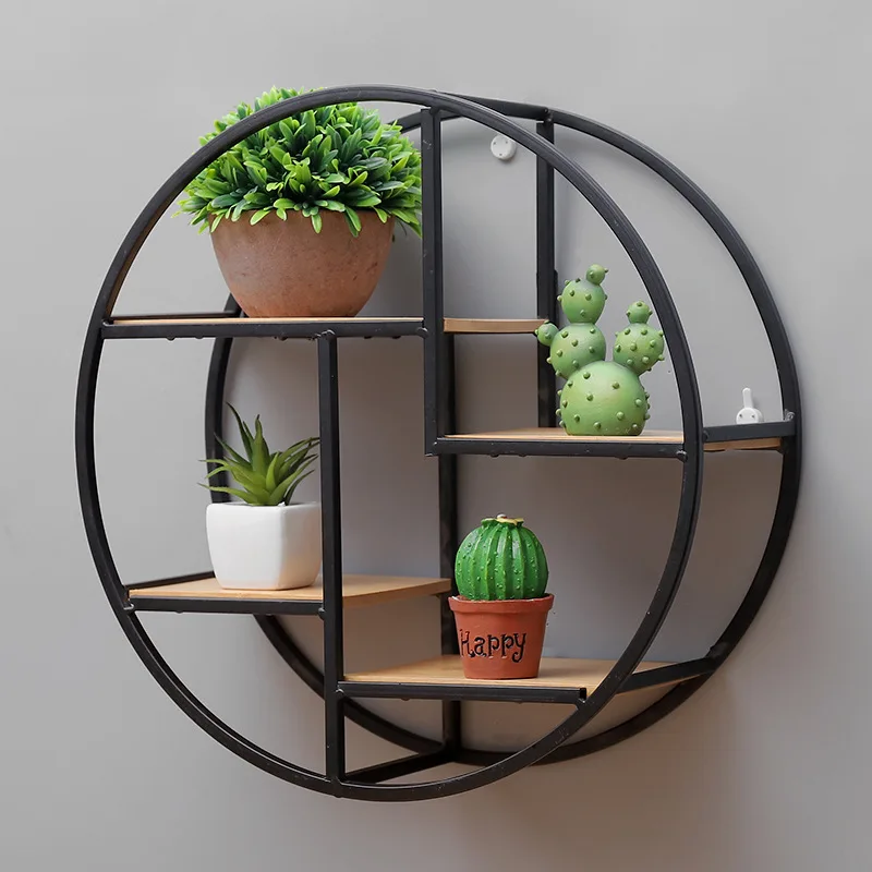 

Round Wall Shelf Mounted Iron Hanging Storage Floating Shelves Display Rack Vases Shelf industrial Style Wood Iron craft, As the picture shows