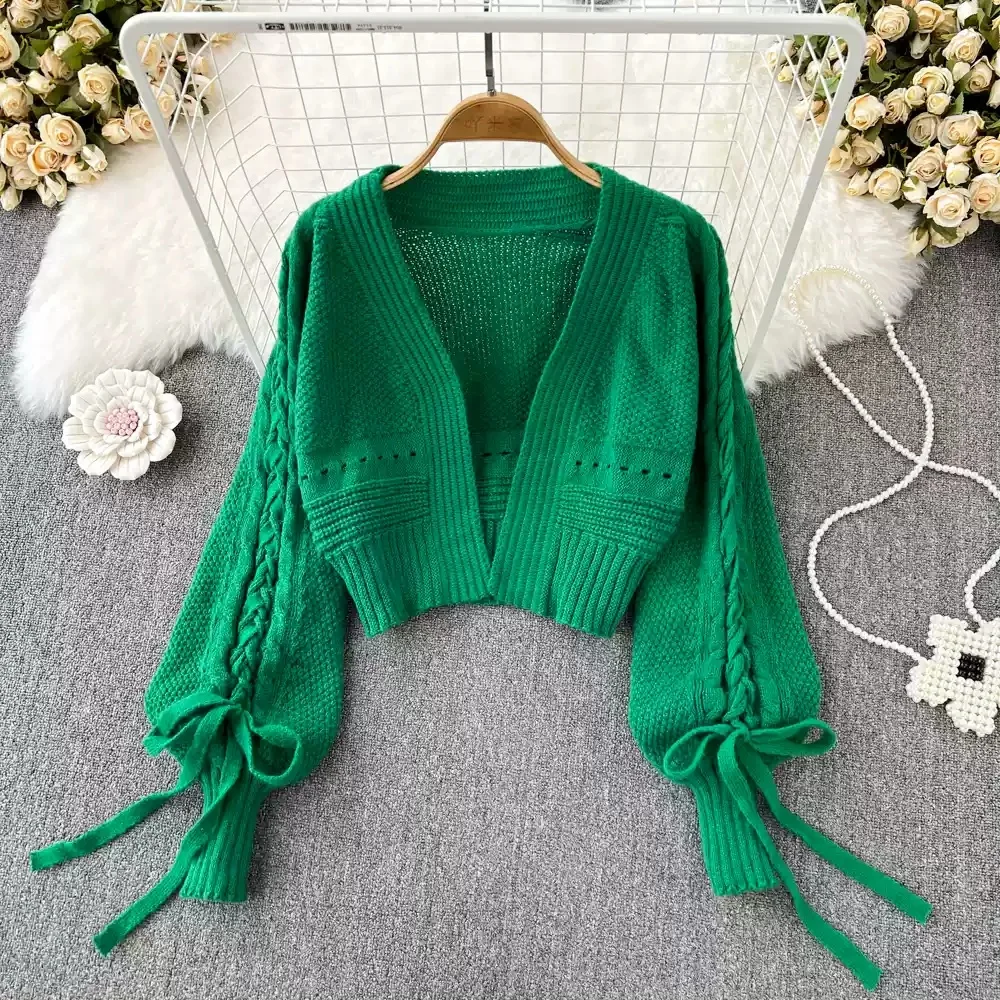 Lantern Sleeve Knitted Cardigan Coat Bow Tie String