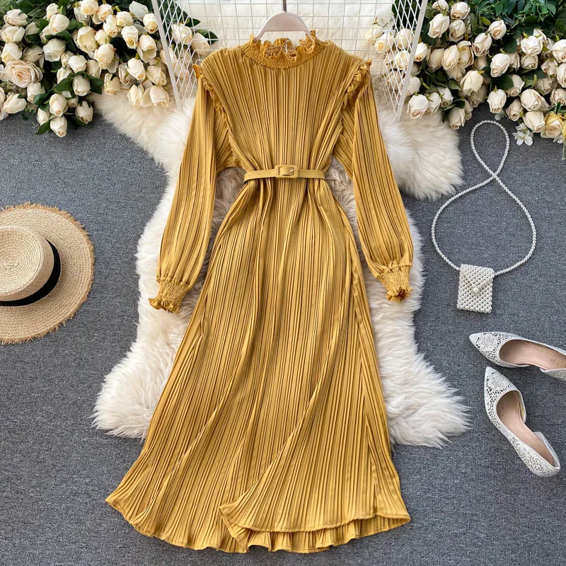 

2021 Malaysia Philippines hot sell pleated long sleeve slim waist mid calf dress elegant chic women chiffon vestidos, Grey