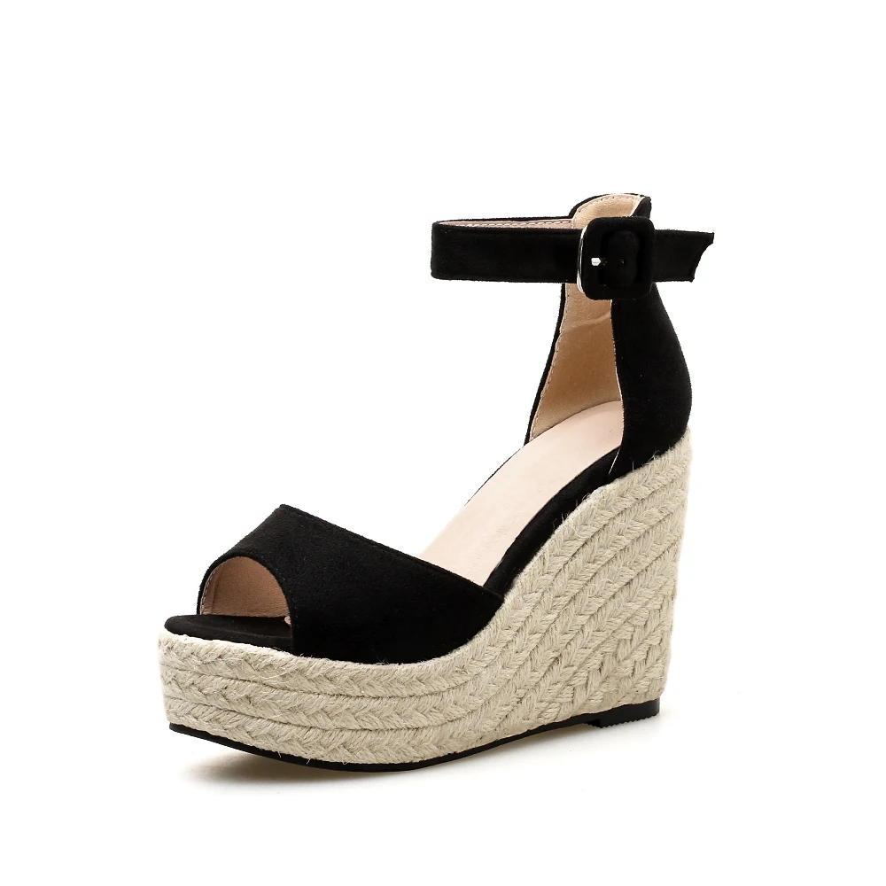 

Sandales Compensees European Fashion Peep Toe Trendy T Strap High Heel Shoes Women Platform Wedge Palm Sandals, Black