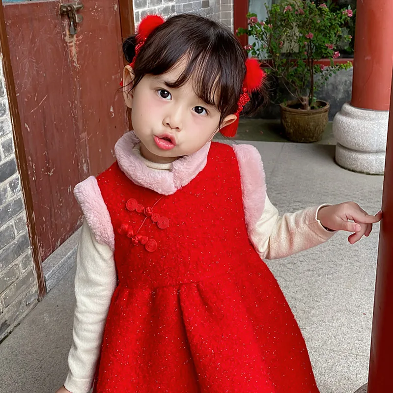 

Girls' high-end boutique winter children Chinese style cheongsam with velvet vest dress baby party dress