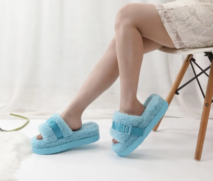 

suggest slides for women OEM&ODM comfort fluffy slippers flat plush open toe fur uggging slippers women's sandals, Black/pink/green/white