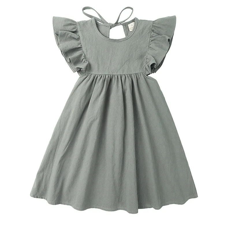 

summer baby Girl ruffles sleeve clothes Children pure color flying sleeve dresses linen Kids Clothes sweet dress, As picture