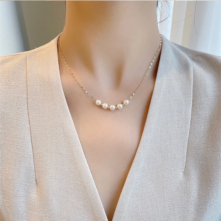 

Ins Best Sale Gold Plated Geometric Link Chain Necklace Simple Fresh Water Pearl Choker Necklace For Ladies Gifts