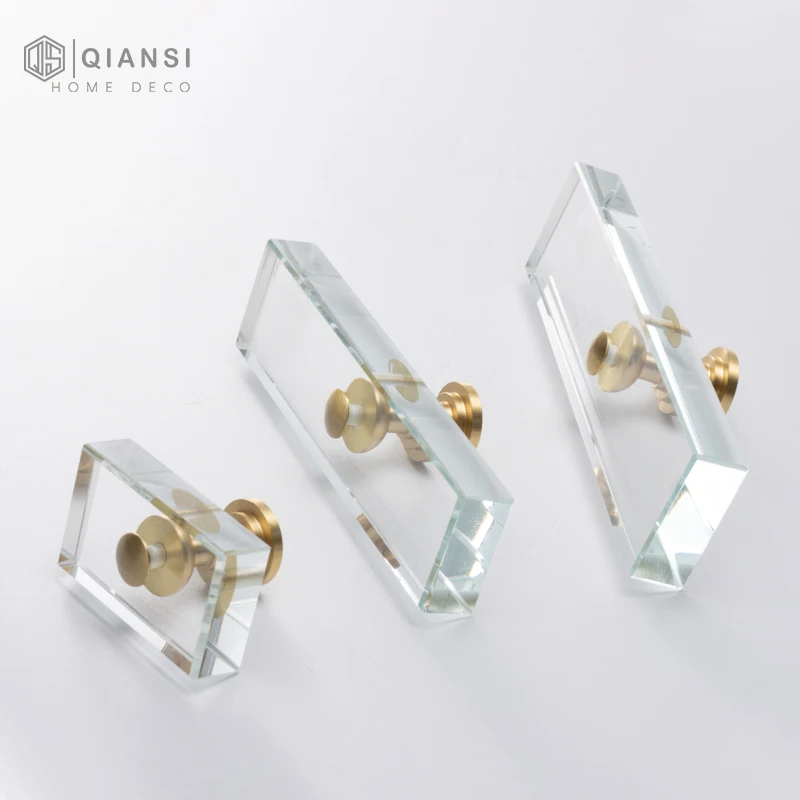 

Qiansi HK00264 Best Sale Artificial Crystal Rectangle Brass Handle Kitchen Cupboard Drawer Cabinet Handles Pull