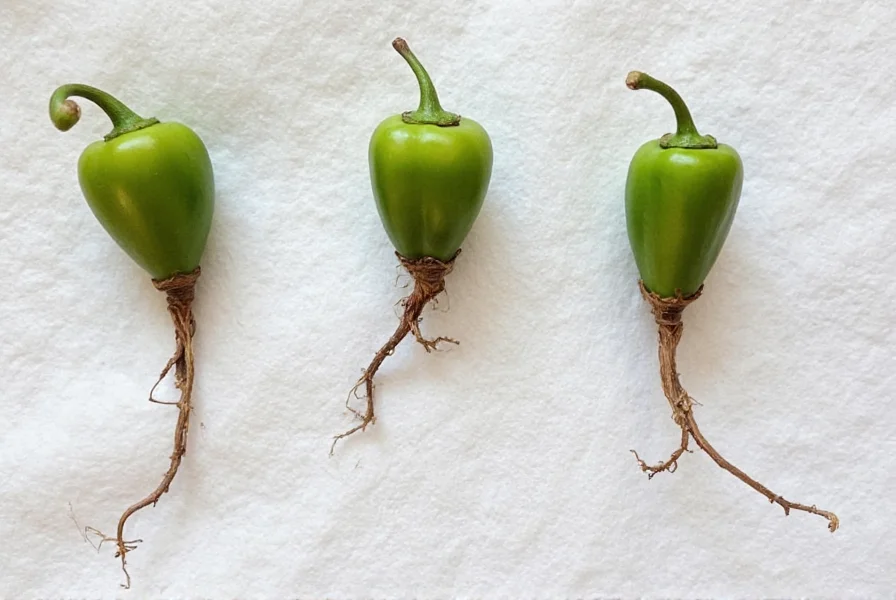 Pepper seeds germinating on damp paper towel showing root development stage