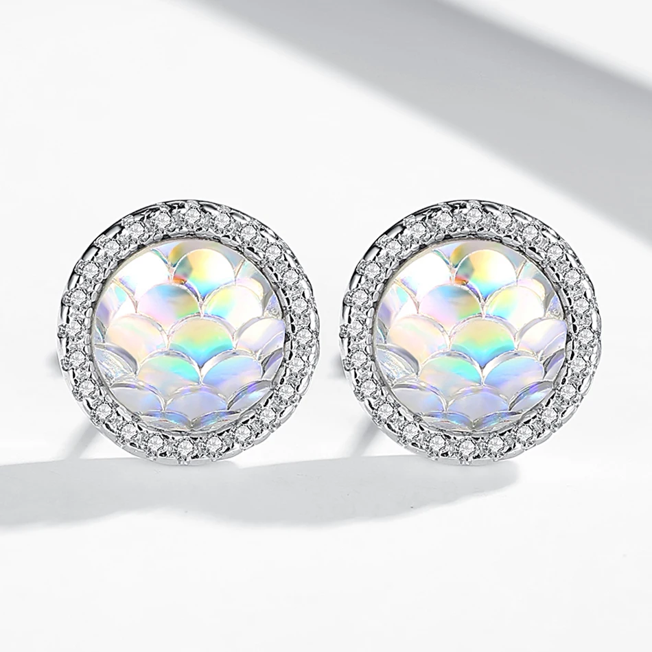

Luxury Jewelry 925 Sterling Silver Round Earrings Cubic Zirconia Fish Scale Stud Earrings for Women Engagement Gift