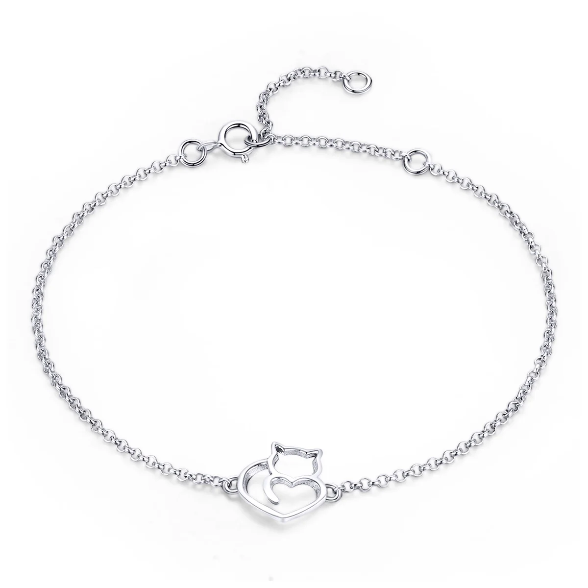 

100% 925 Sterling Silver Cat And Heart Link Chain Bracelets