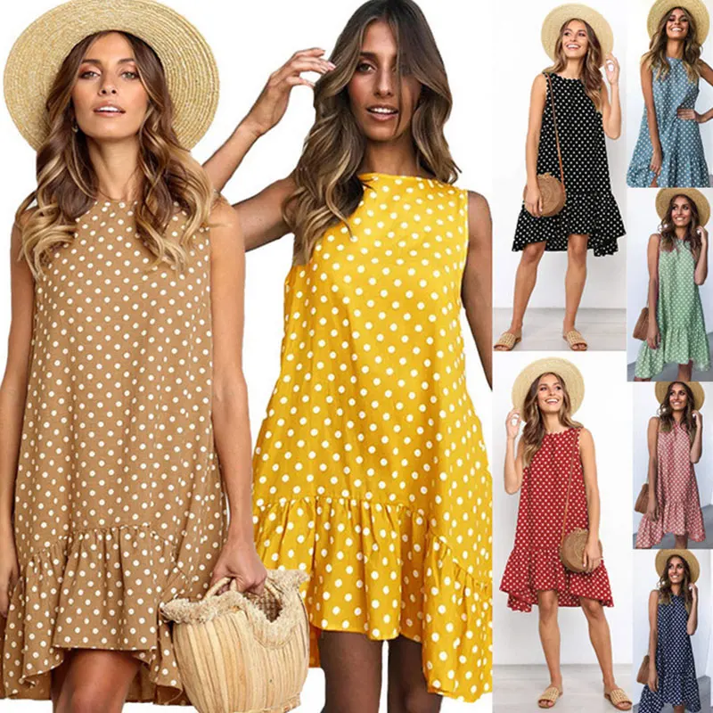 

Summer Dresses Polka Dot Chiffon Sleeveless Beach Mini Casual Yellow Sundress 2022 Fashion Plus Size Dress For Women Kleider