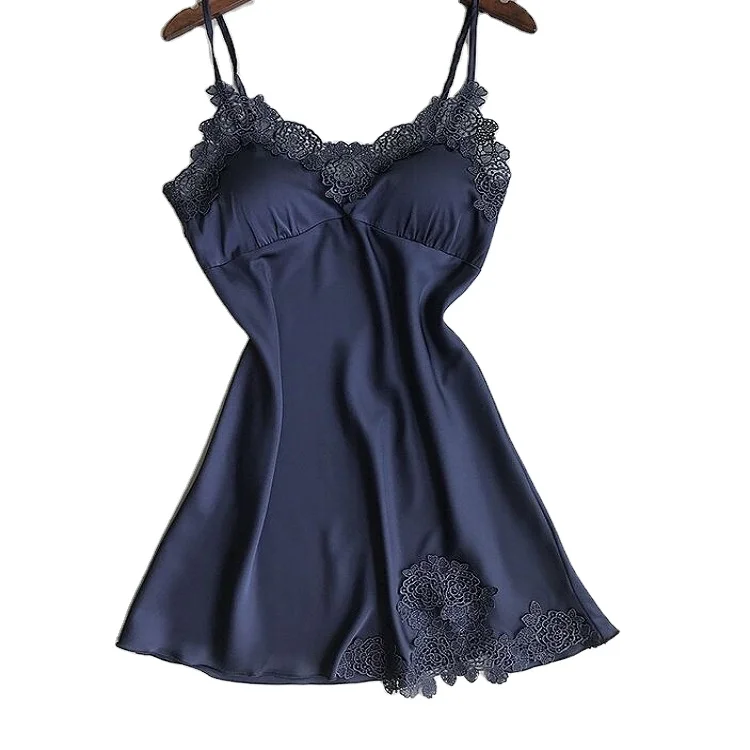 

AYP0232 simple women's pajamas summer removable thin artificial silk with chest pad Sexy Seduction slip nightdress homewear