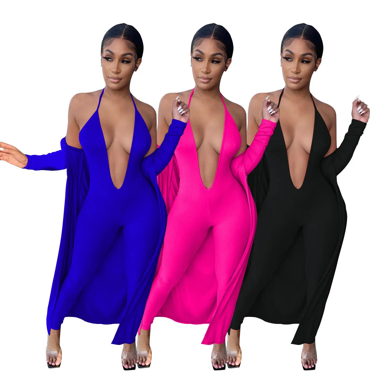 

Trending Two Piece Set Women Clothing Deep V Neck Sexy Ribbe Jumpsuit 2021 Club Wear 2 Piece Jumpsuit with Long Coat Cardigan