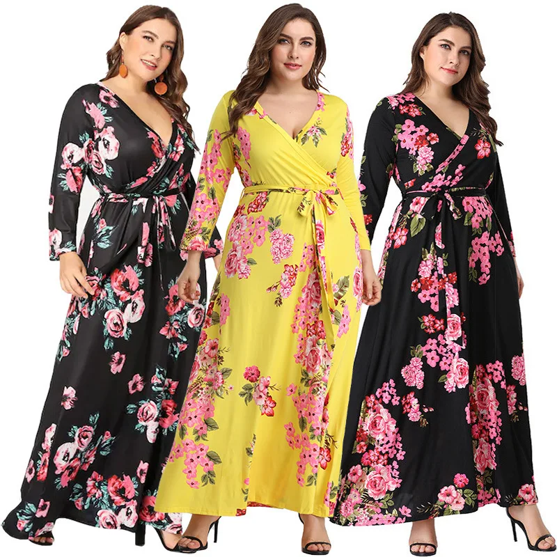 

Wholesale Fashion Formal Elegant Party Casual V Neck Sash Long Sleeve Floral Print Floor Length Long Maxi Dress Plus Size Dresse