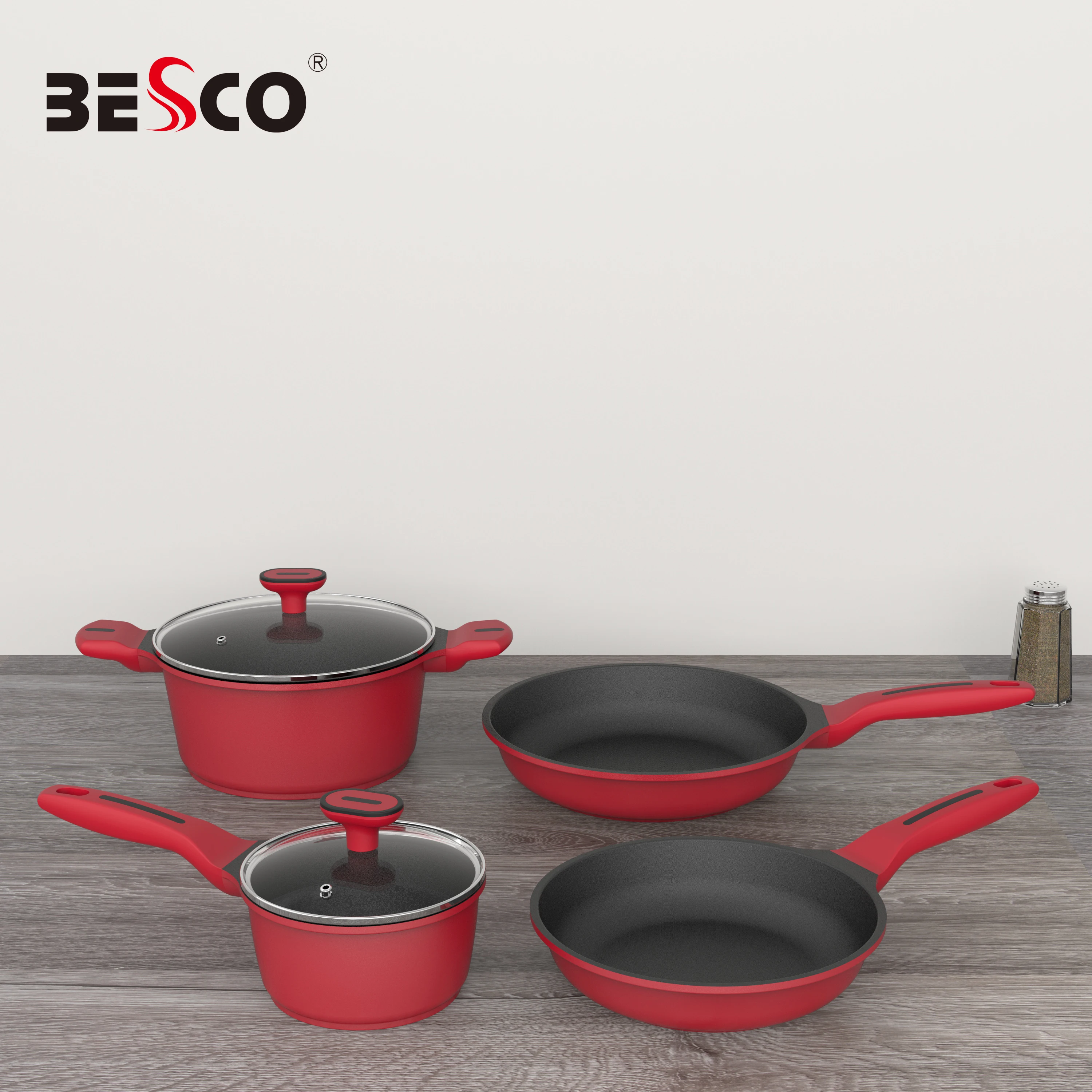 

fry pan non stick kitchen cook batteries de cuisine stew pot cooking pan set non stick pan set for baby juego de ollas cook sou, Red,black