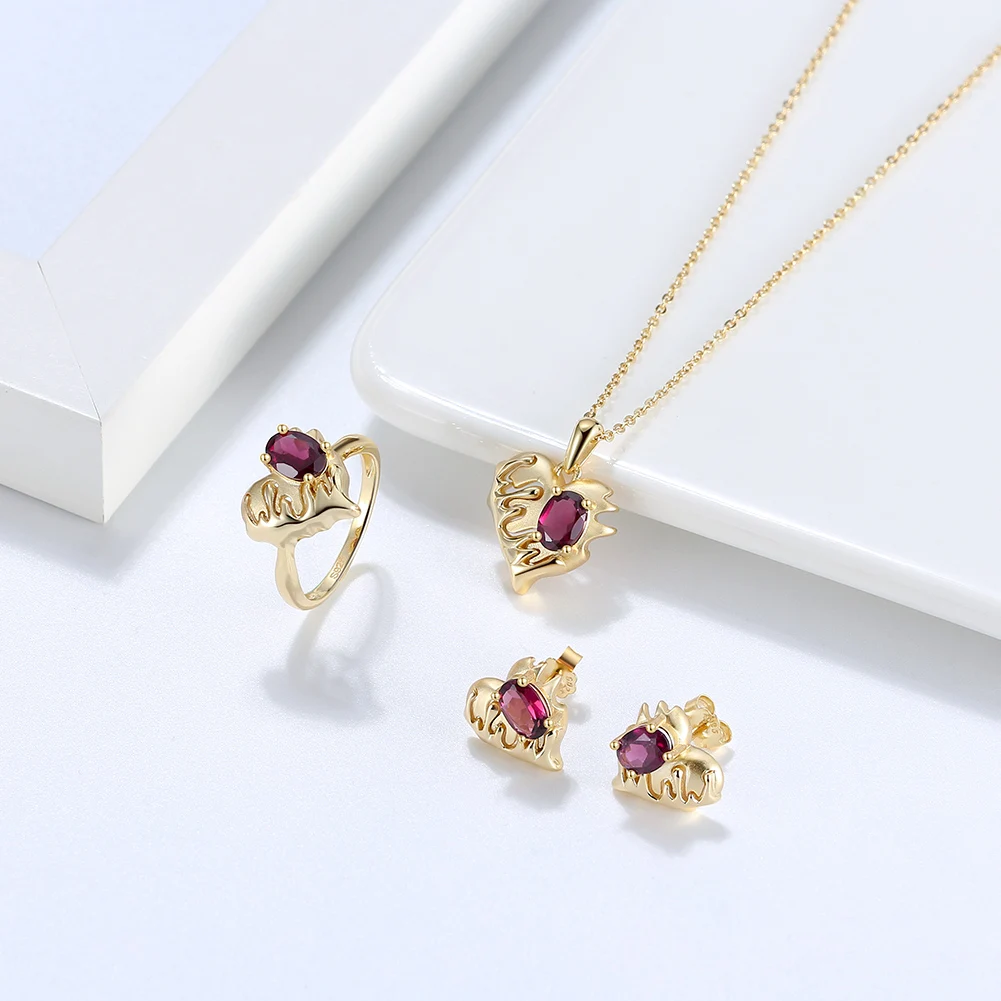 

Jiangyuan Custom 925 Sterling Silver Heart Necklace Natural Garnet Gemstone 14K Gold Plated Fine SIlver Jewelry Set for Women