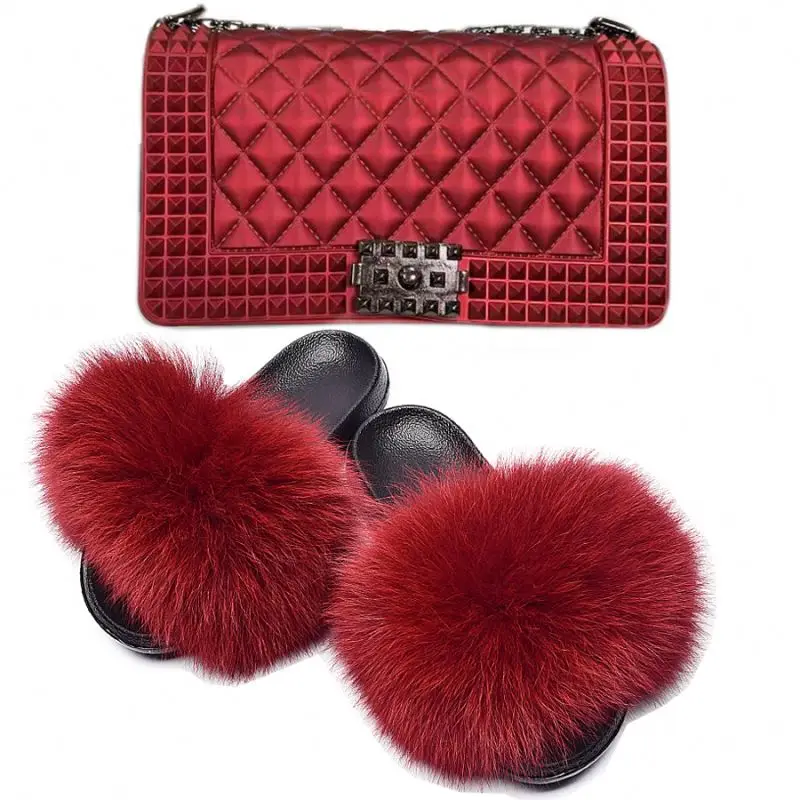 

New Arrival girls fashion jelly purse and fur slides fur slides for women with purse