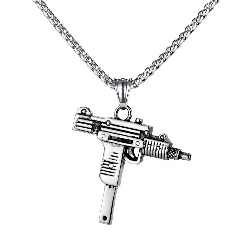 

European and American fashion personalized uz kids necklace stainless steel pistol hip hop men's gun pendant necklace, Silver
